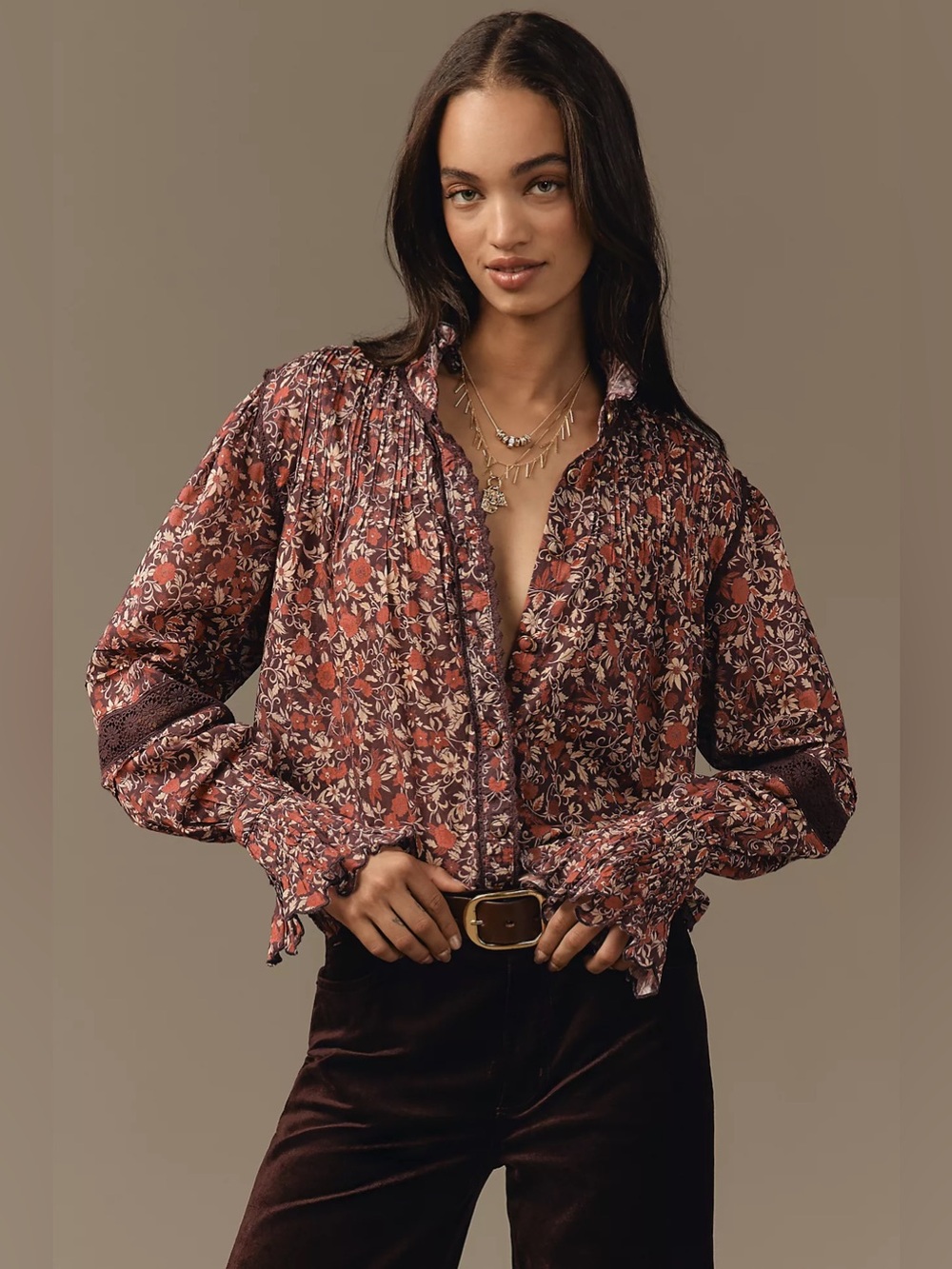 Farm Rio: CHELSEA GARDEN ALLOVER PURPLE LONG SLEEVE BLOUSE